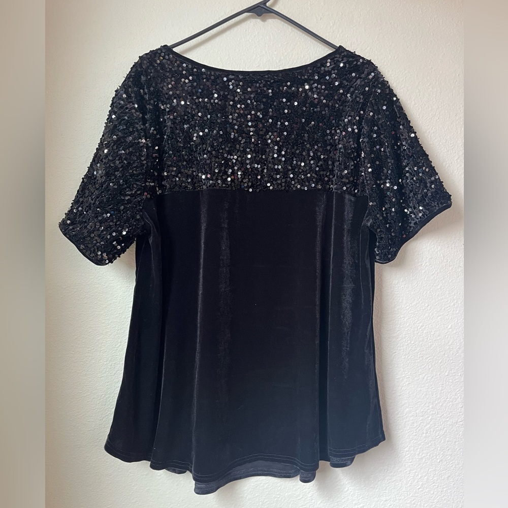 Black Sequin Velvet Top XXL Party Holiday Evening Romantic Sparkle Blouse